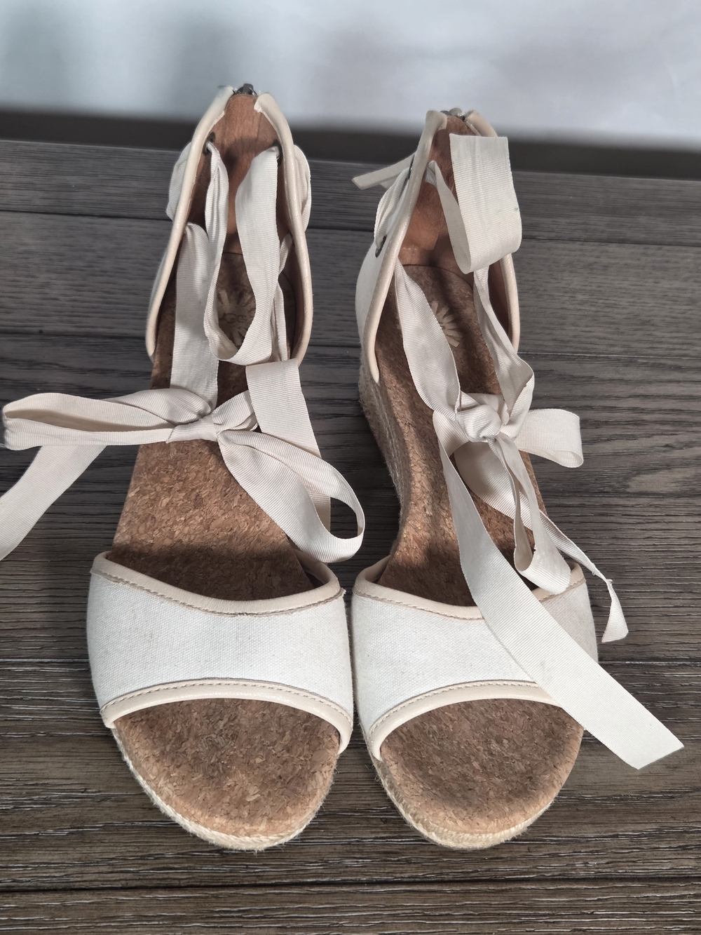 UGG Amell Cream Canvas Ribbon Ankle Wrap Espadrille Wedge Sandals